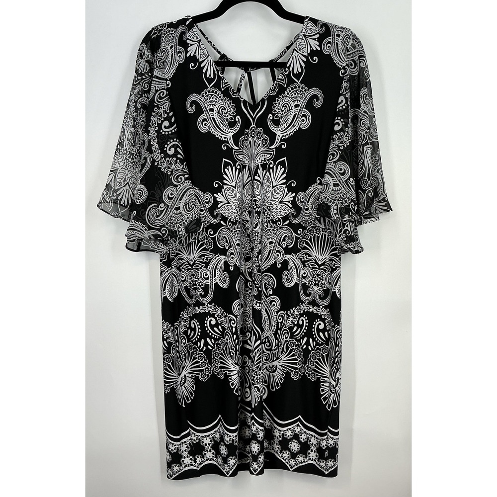 Chiasso‎ Black White Paisley V-Neck Dress Lattice Strap Flutter Sleeves Boho M